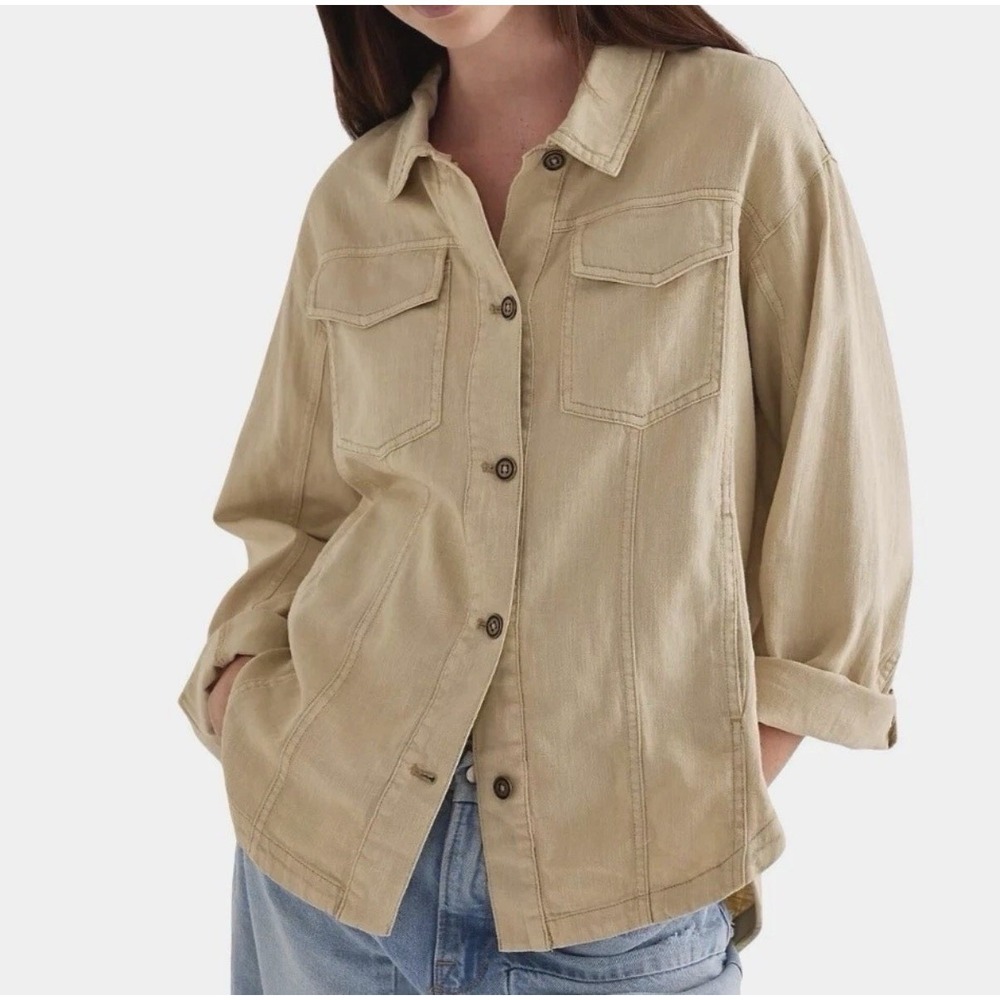 Anthropologie Pilcro Linen Shacket L Neutral Beige Utility Minimalist NWOT